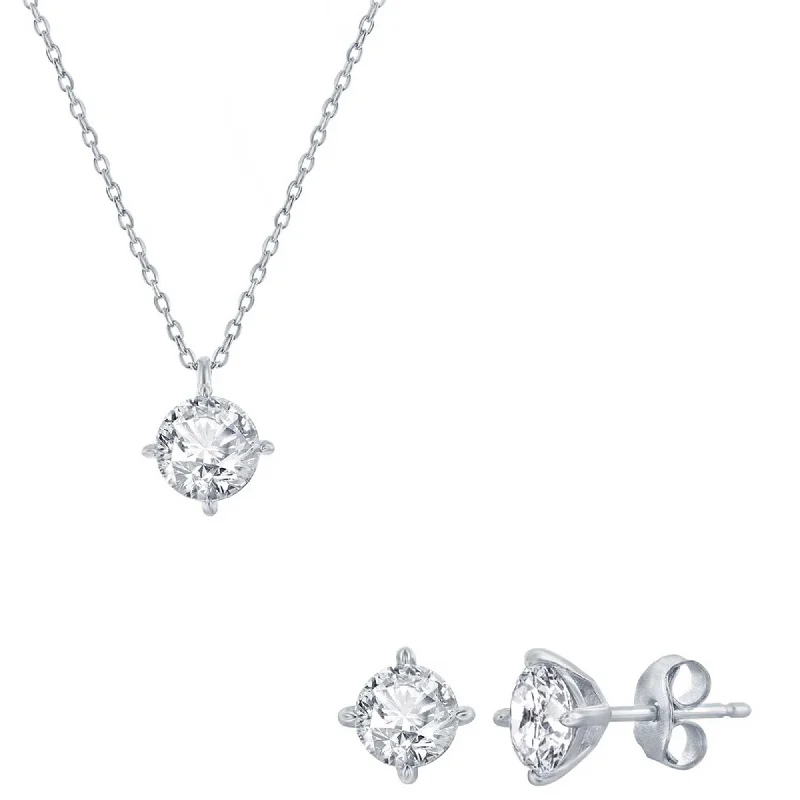 Classic Women's Necklace and Earrings Set - Silver Solitaire Round White CZ | SET-619