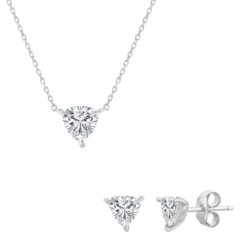 Classic Women's Necklace and Earrings Set - Silver Solitaire Trillion CZ | SET-615