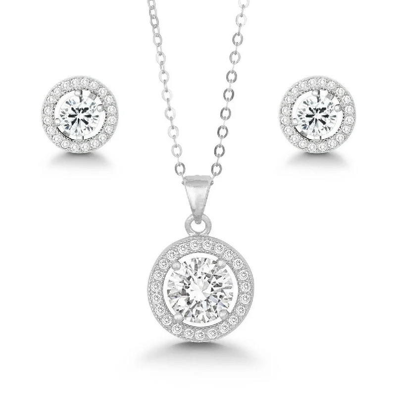 Classic Women's Pendant and Earrings Set - Large Round White CZ with Chain | SET-441