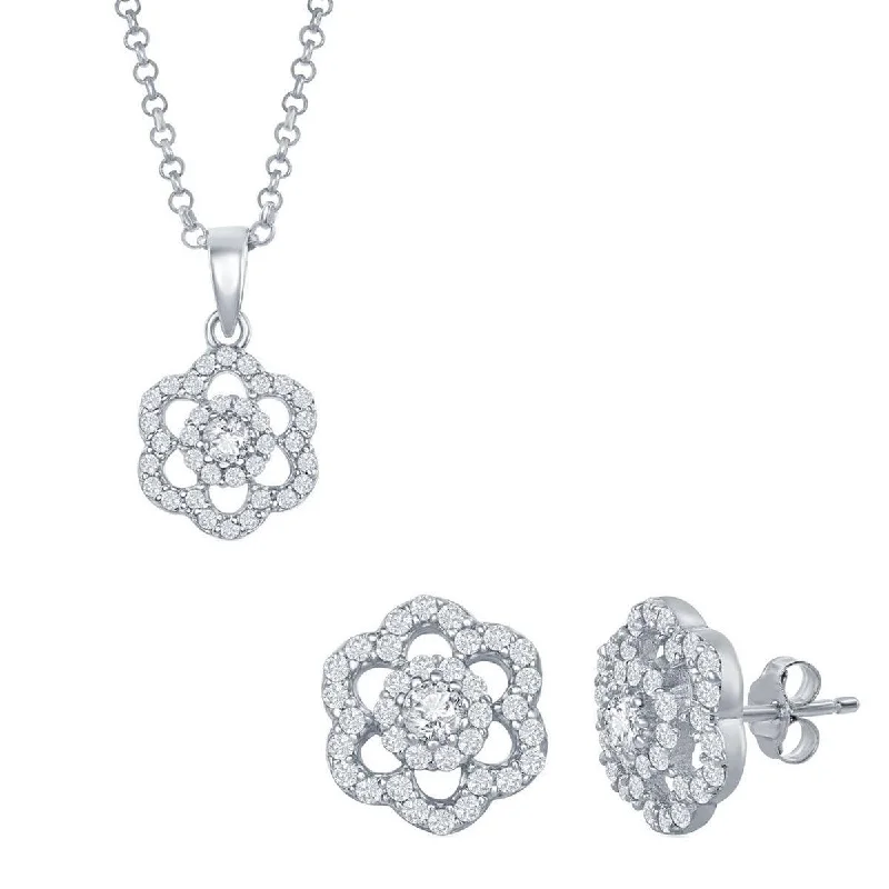 Classic Women's Pendant and Earrings Set - Sterling CZ Flower with Chain | SET-423