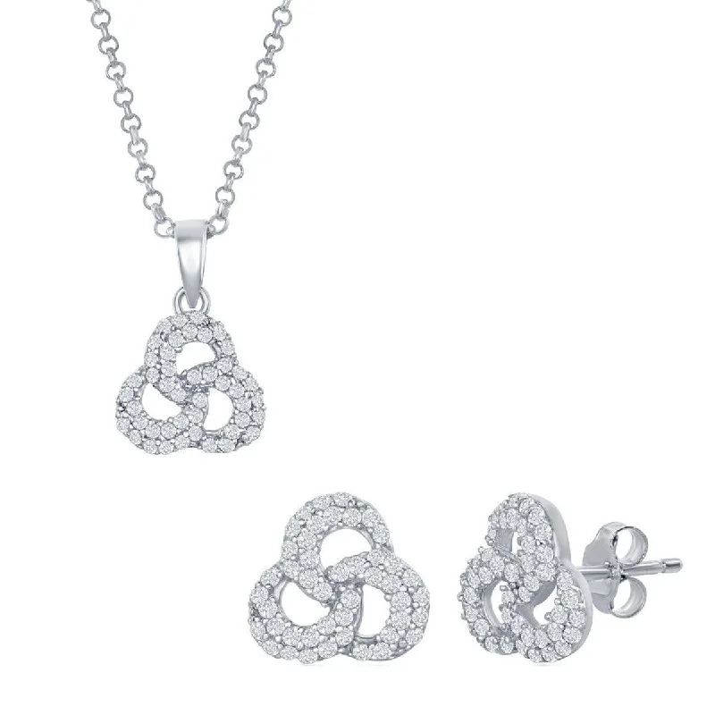 Classic Women's Pendant and Earrings Set - Sterling Silver CZ Triple Ring | SET-421