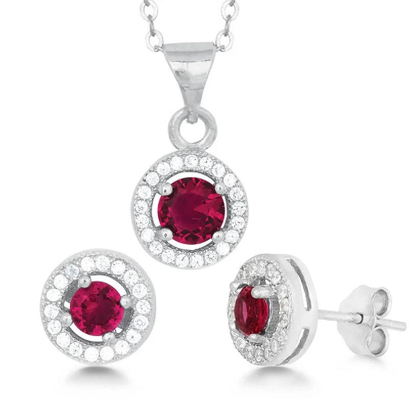 Classic Women's Pendant and Earrings Set - Sterling Silver Red CZ with Chain | SET-429