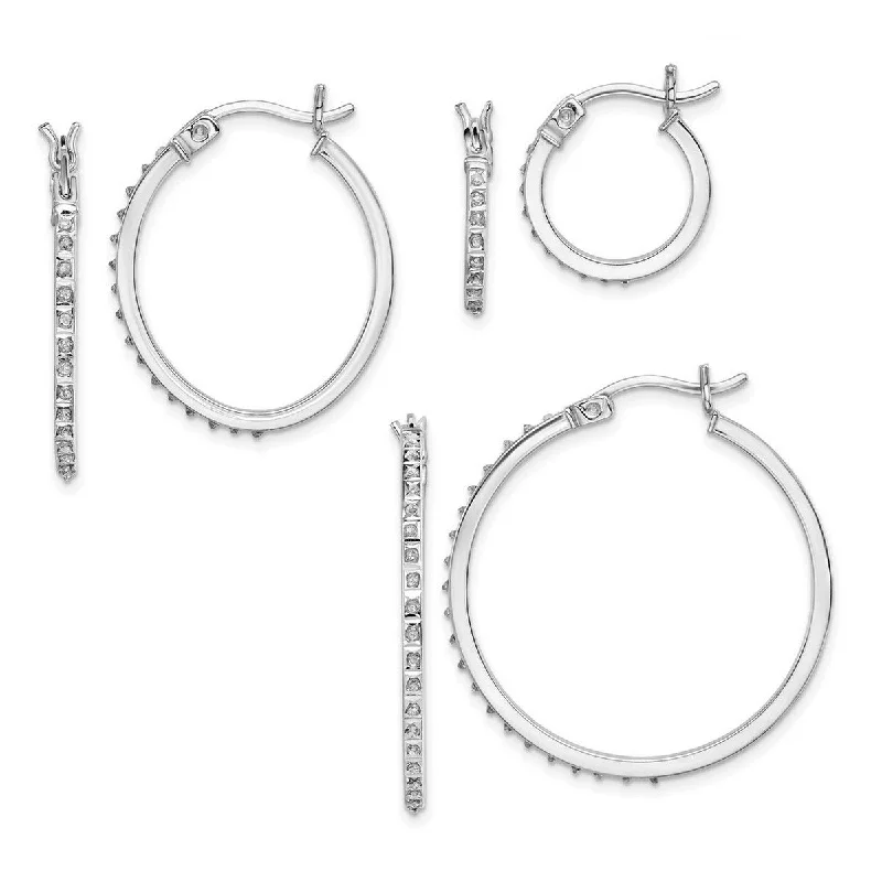 Curata Sterling Silver Diamond Accent Round Hinged Hoop Three Earrings Set (1mmx10-30mm)