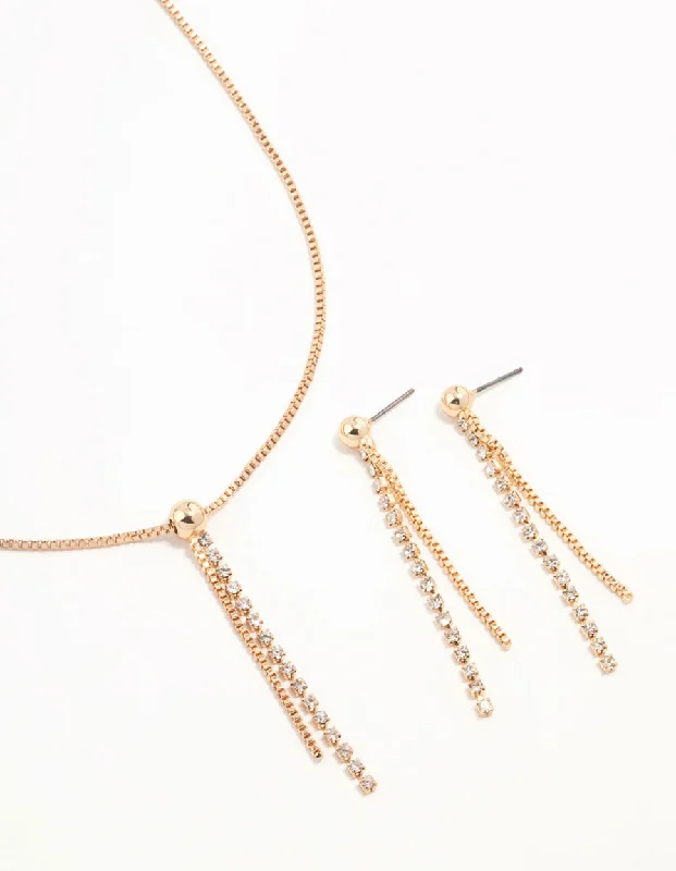 Gold Diamante Cupchain Necklace & Earrings Set