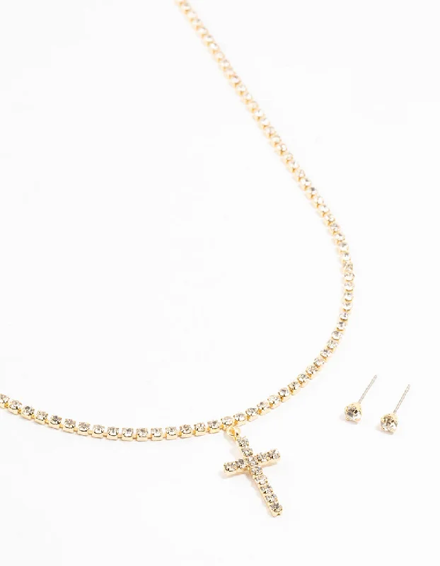 Gold Plated Tennis Cross Necklace & Stud Earrings Set