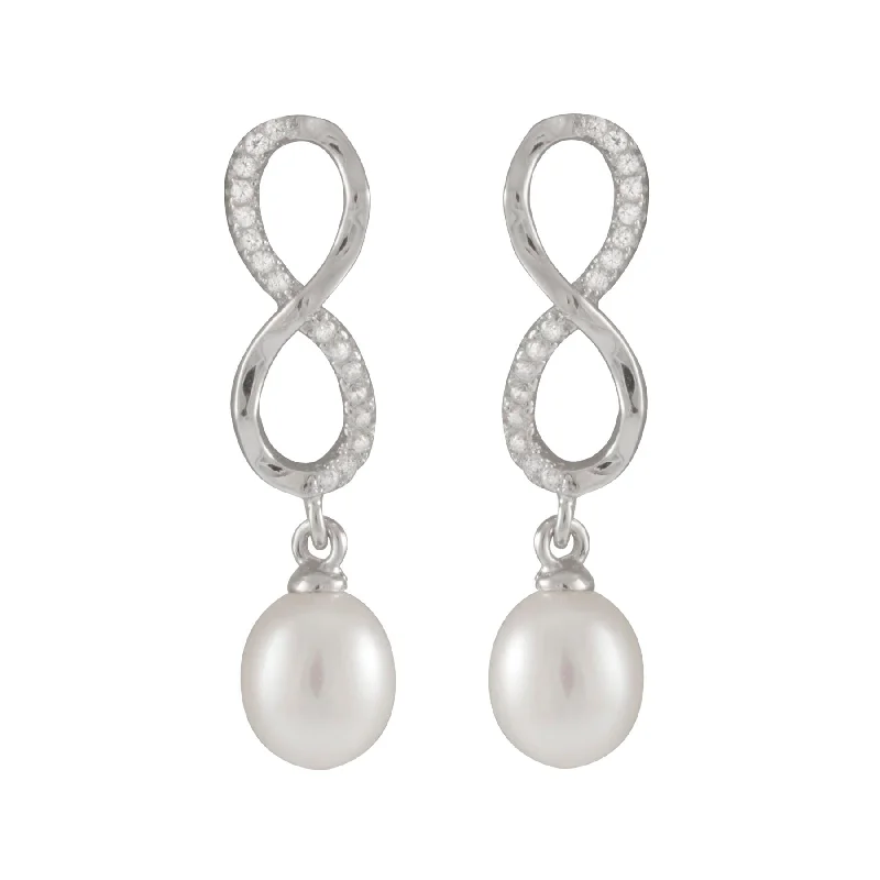 Infinity Shaped 7.5-8mm Pearl Earrings Set In Sterling Silver