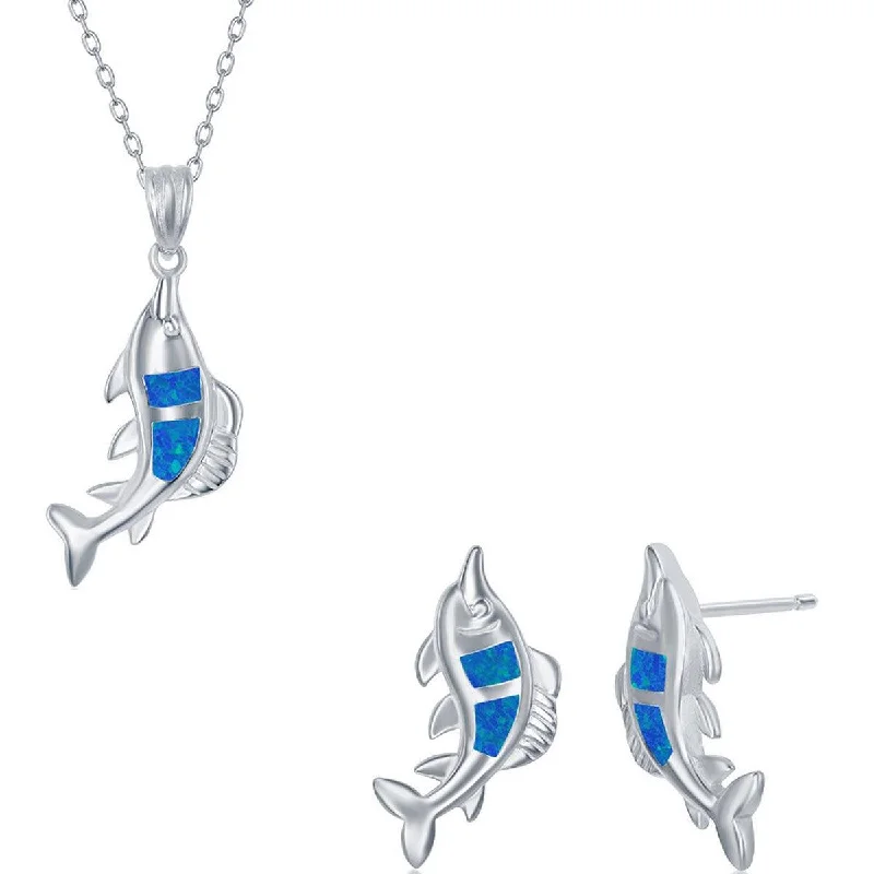 Opalata Women's Necklace and Earrings Set - Sterling Blue Inlay Opal Fish | SET-580