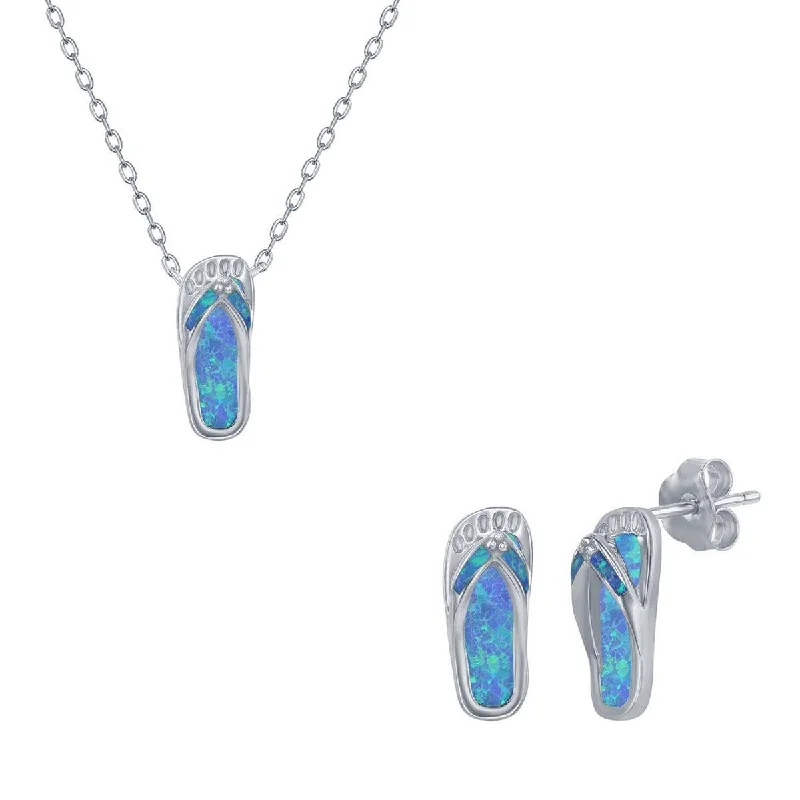 Opalata Women's Necklace and Earrings Set - Sterling Blue Opal Flip Flop | SET-567