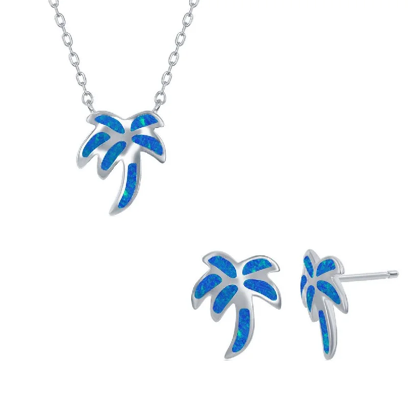 Opalata Women's Necklace and Earrings Set - Sterling Blue Opal Palm Tree | SET-570