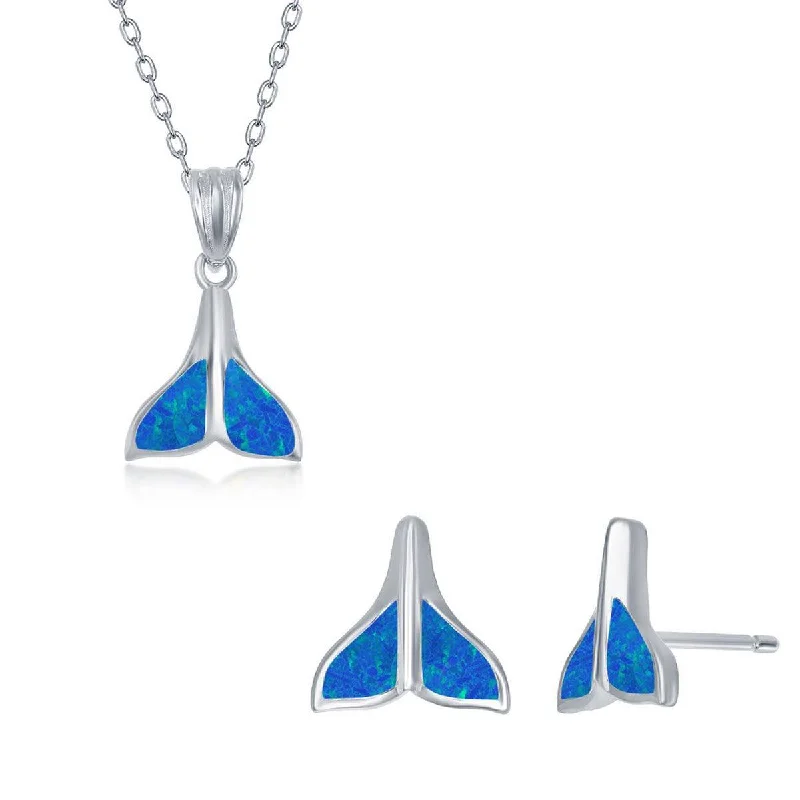 Opalata Women's Necklace and Earrings Set - Sterling Blue Opal Whale Tail | SET-573