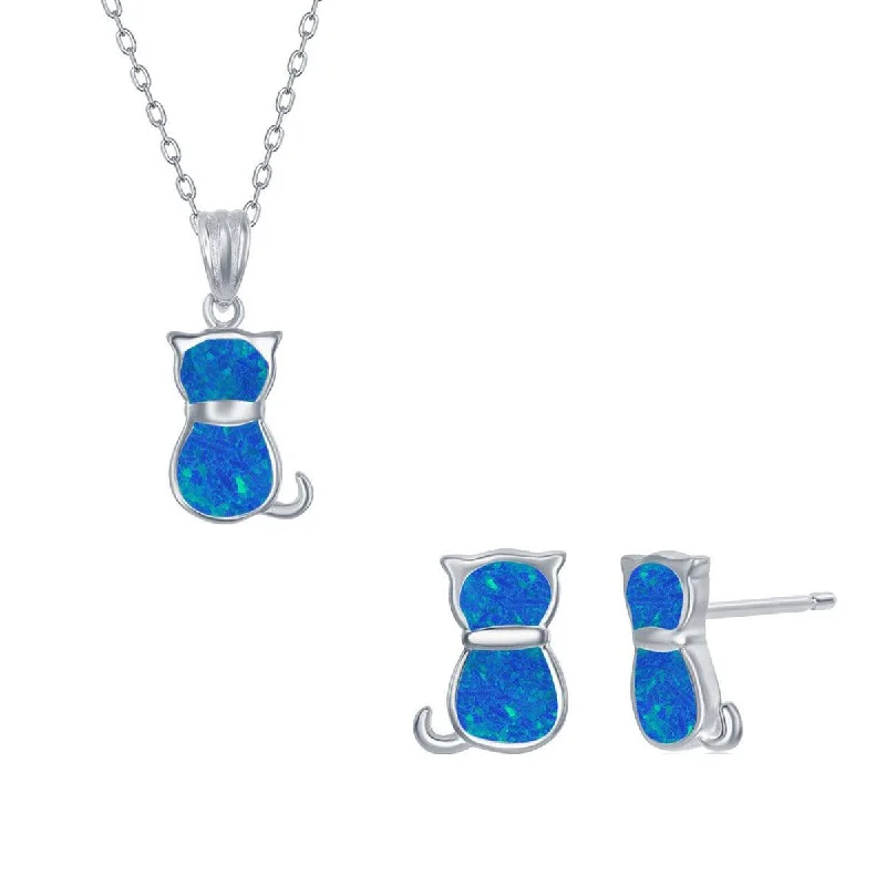 Opalata Women's Necklace and Earrings Set - Sterling Silver Blue Opal Cat | SET-577