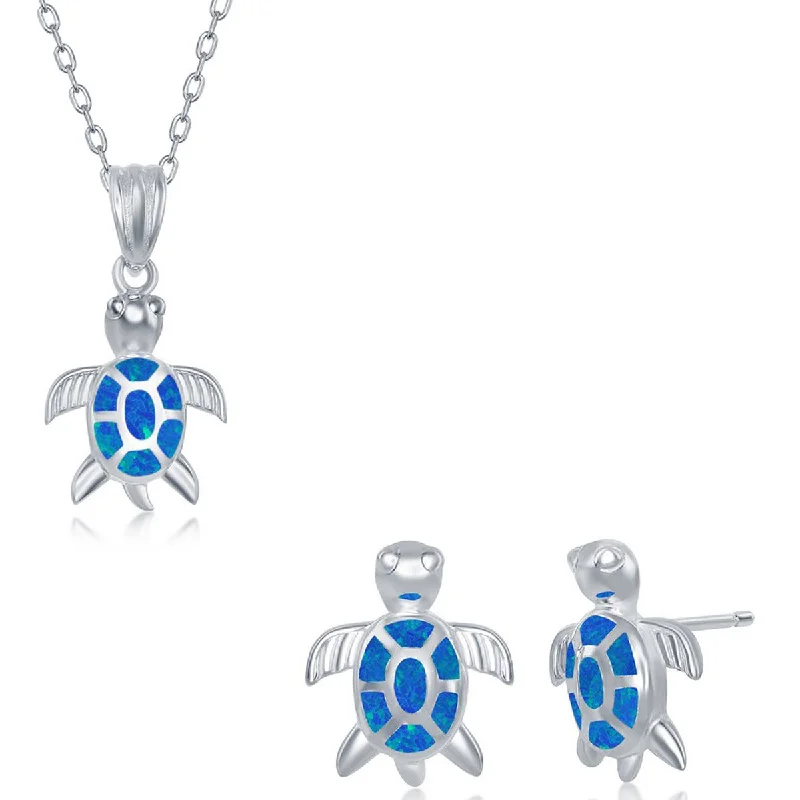 Opalata Women's Necklace and Earrings Set - Sterling Silver Blue Opal Turtle | SET-579