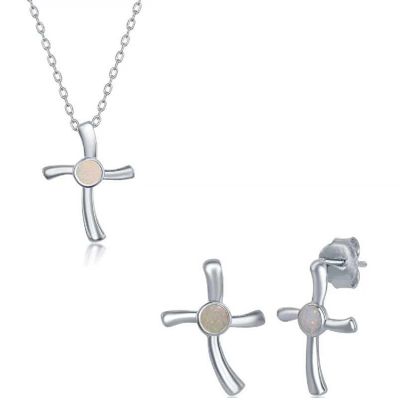 Opalata Women's Necklace and Earrings Set - Sterling Silver White Opal Cross | SET-584