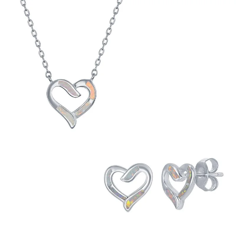 Opalata Women's Necklace and Earrings Set - Sterling Silver White Opal Heart | SET-576