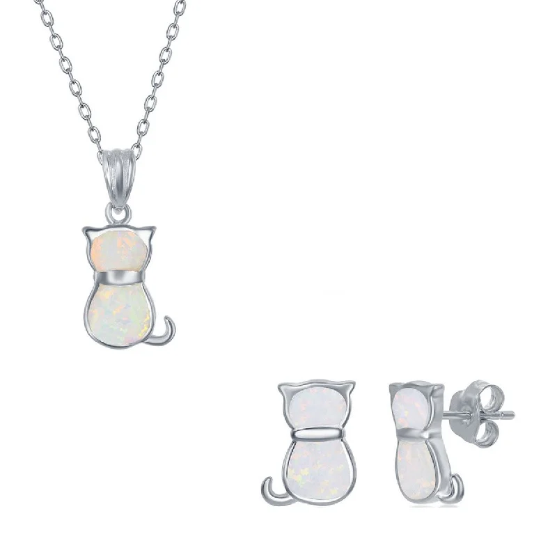 Opalata Women's Necklace and Earrings Set - Sterling White Inlay Opal Cat | SET-578