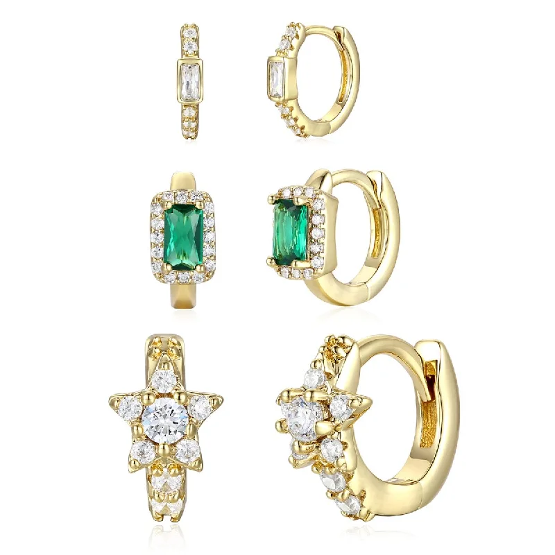 Rg 14k Gold Plated with Emerald & Diamond Cubic Zirconia Halo Star 3-Piece Hoop Earrings Set