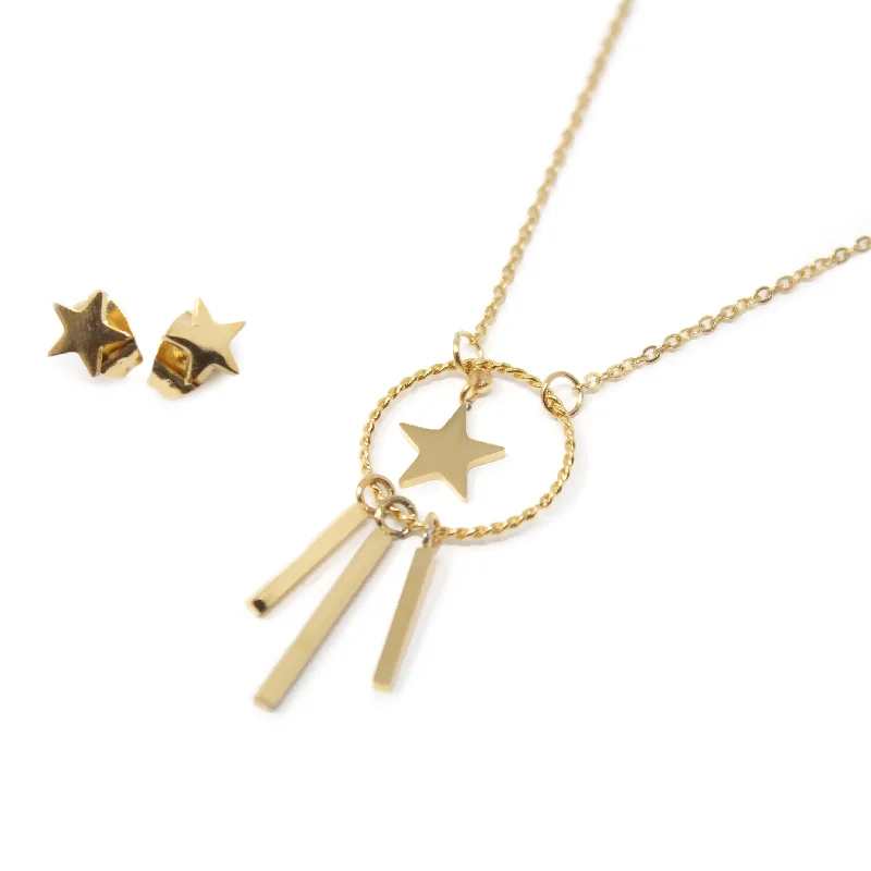 Stainless Steel Star/Bars Neck Earrings Set Gold Plated