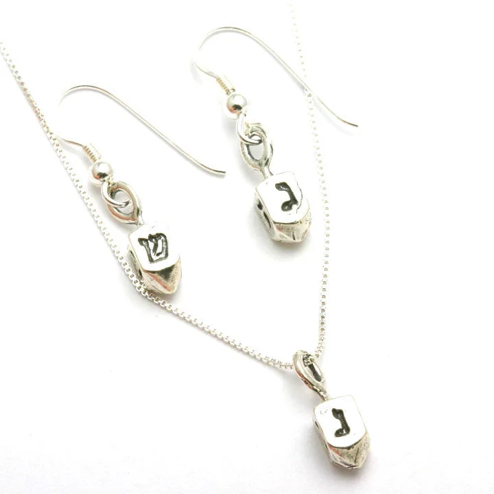 Sterling Silver 3D Dreidel Necklace & Earrings Set Hanukkah