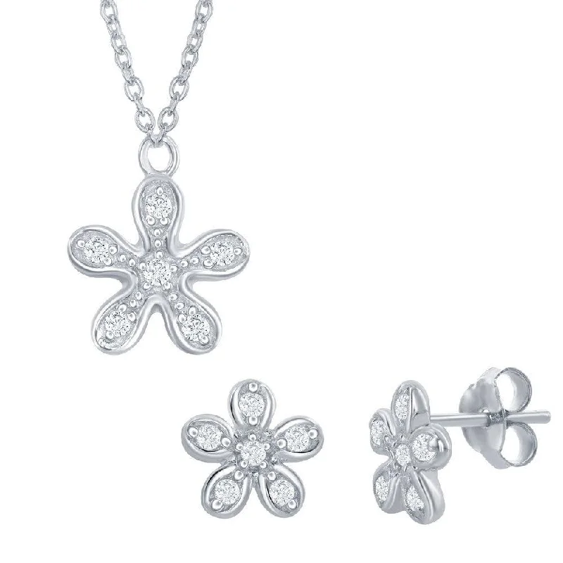 Sterling Silver Cubic Zirconia Flower Necklace and Earrings Set