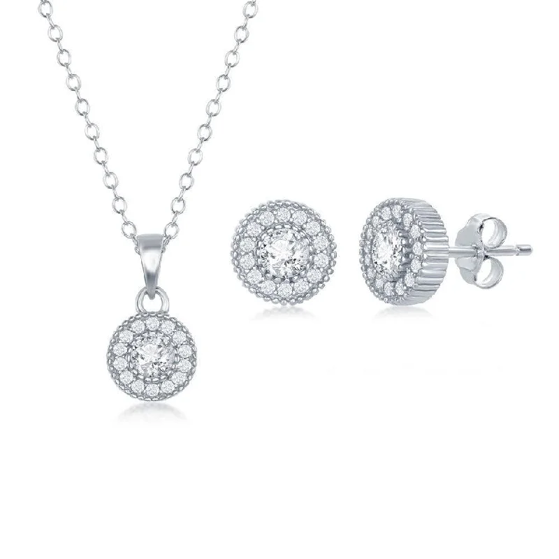 Sterling Silver Cubic Zirconia Halo Necklace and Earrings Set