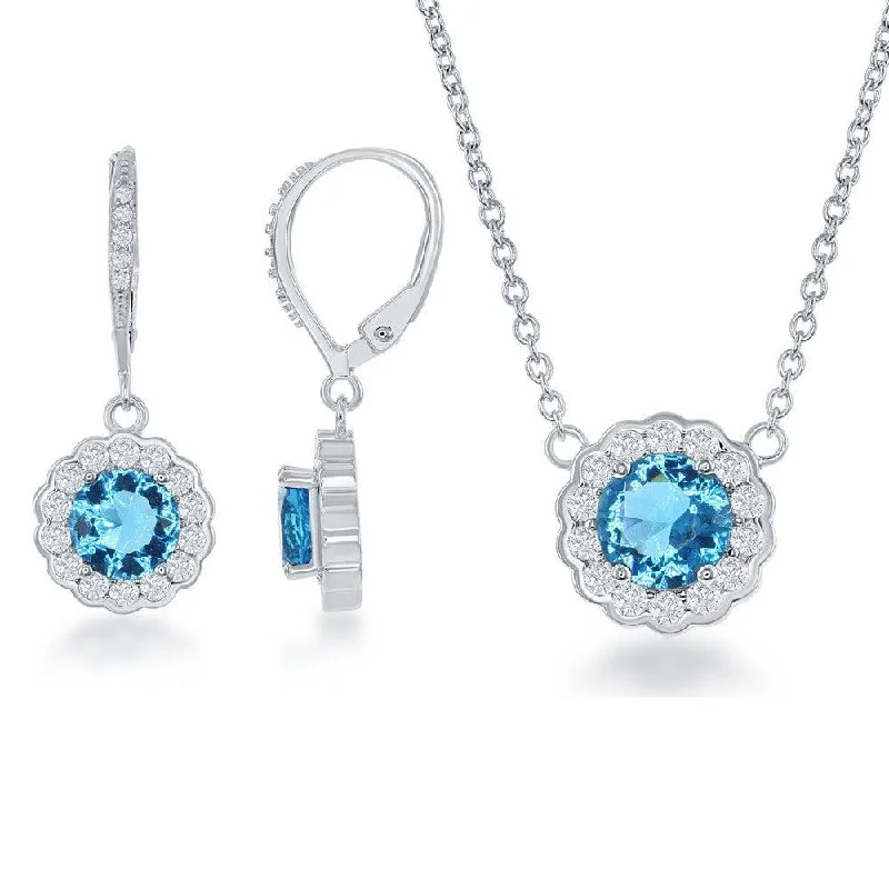 Sterling Silver March Birthstone CZ Necklace and Earrings Set