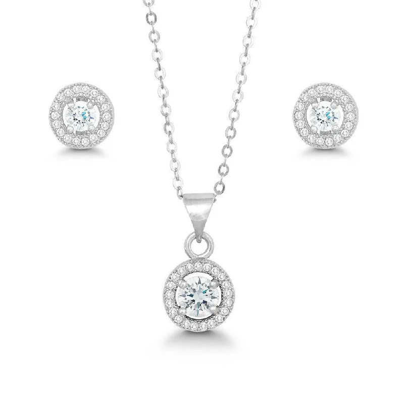 Sterling Silver Prong Round Clear CZ Pendant and Earrings Set