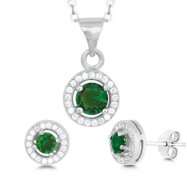 Sterling Silver Round Green CZ Pendant and Earrings Set