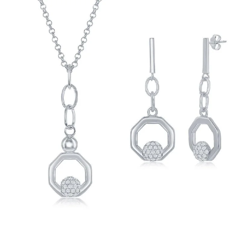 Sterling Silver Round Micro Pave CZ Open Hexagon Pendant & Earrings Set With Chain