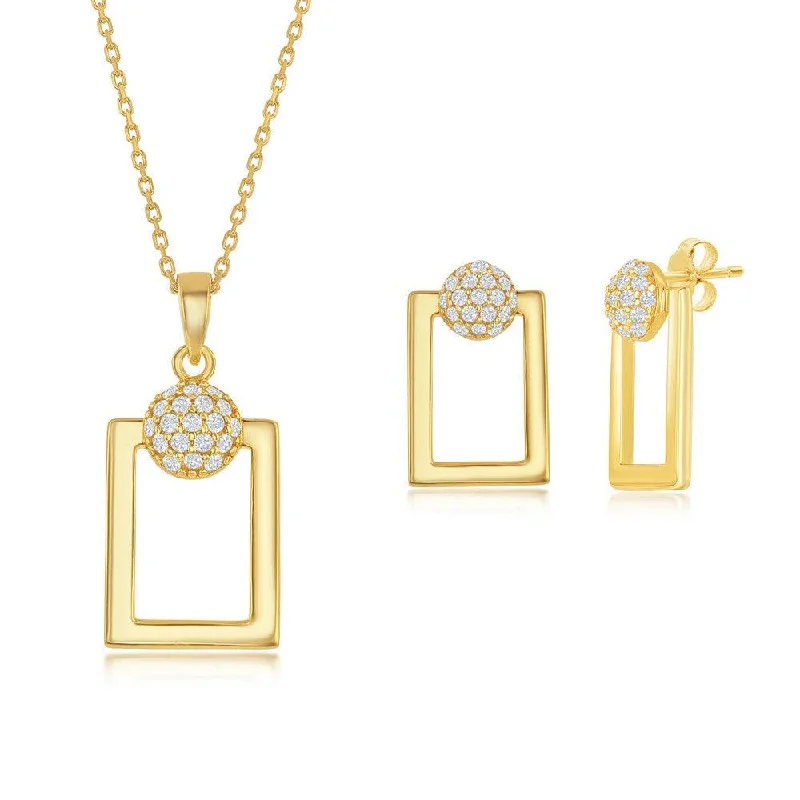 Sterling Silver Round Micro Pave CZ Open Rectangle Pendant & Earrings Set With Chain - Gold Plated