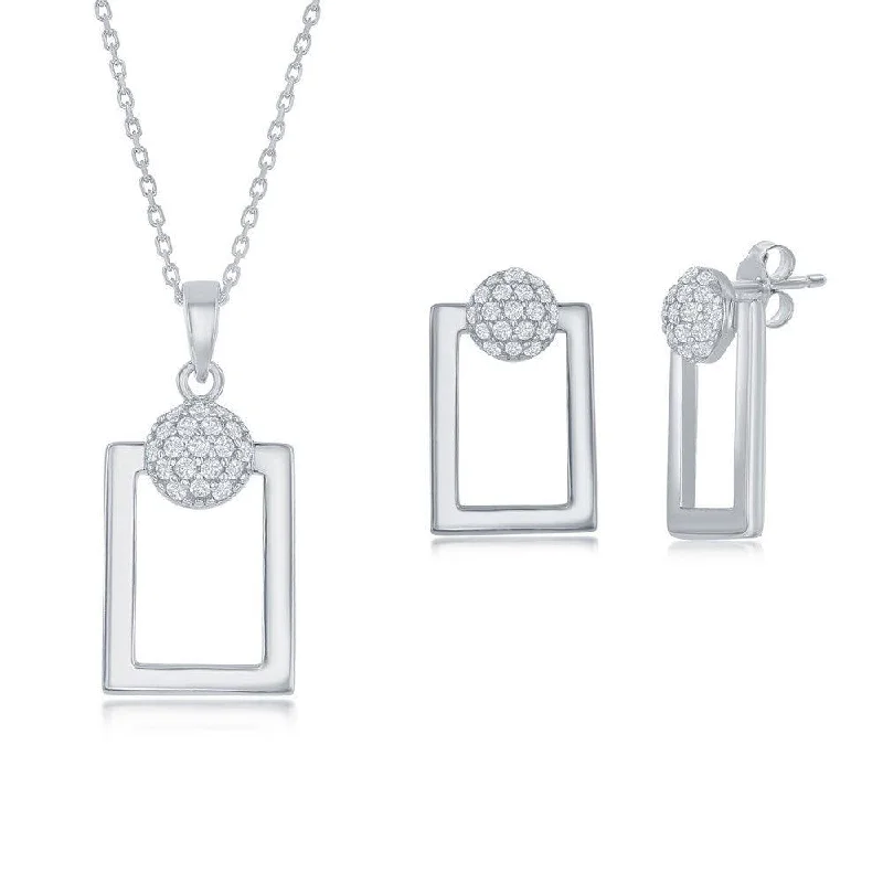 Sterling Silver Round Micro Pave CZ Open Rectangle Pendant & Earrings Set With Chain