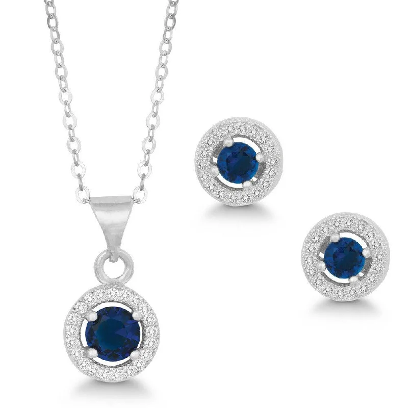 Sterling Silver Round Navy Blue CZ Pendant and Earrings Set