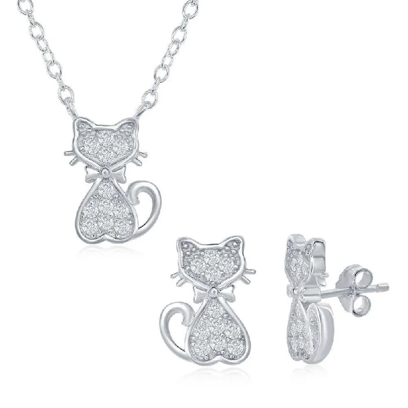 Sterling Silver Small CZ Cat Necklace and Earrings Set