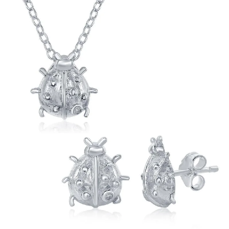 Sterling Silver Small Lady Bug Necklace and Earrings Set