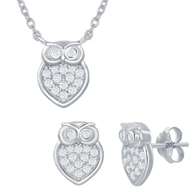 Sterling Silver Small Micro Pave Owl Necklace and Earrings Set