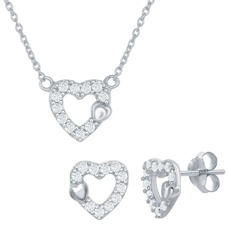 Sterling Silver Small Open CZ Heart Necklace and Earrings Set