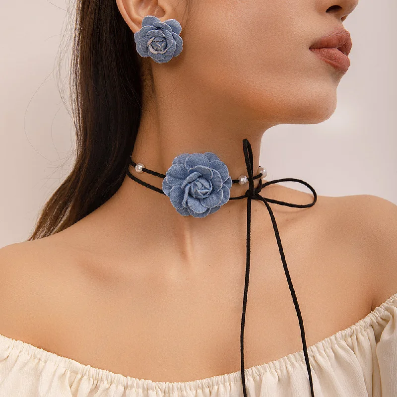 Wholesale Denim Camellia Beaded Strap Necklace Earrings Set