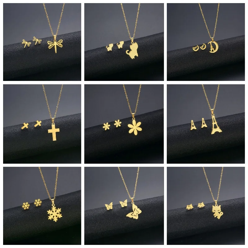 Wholesale Flower Dragonfly Stainless Steel Necklace Earrings Set