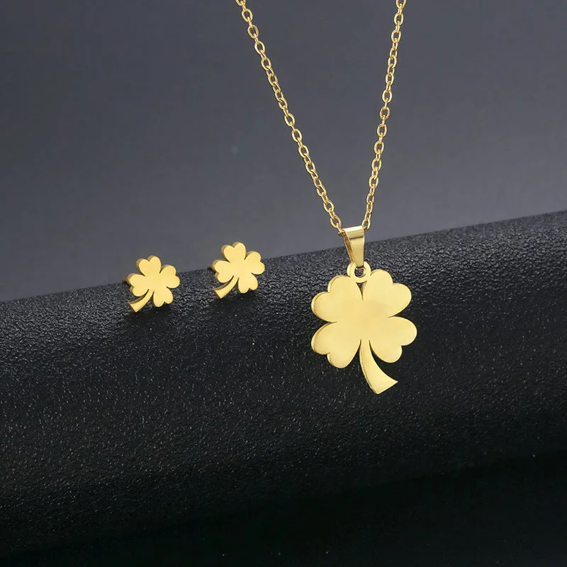 Wholesale Geometric Four Leaf Clover Necklace Earrings Set