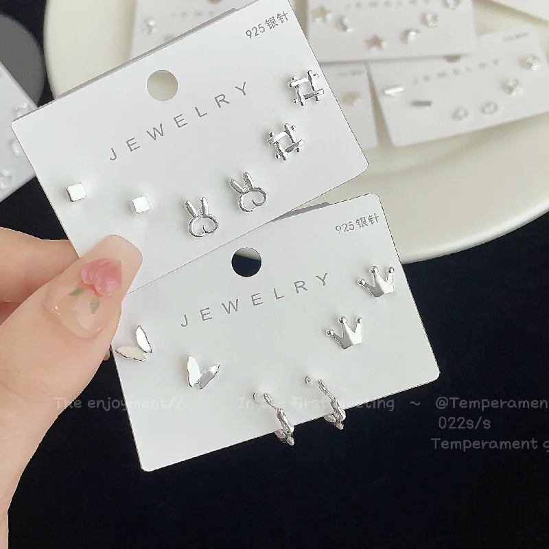 Wholesale silver needle 925 ear piercing earrings set female free mini