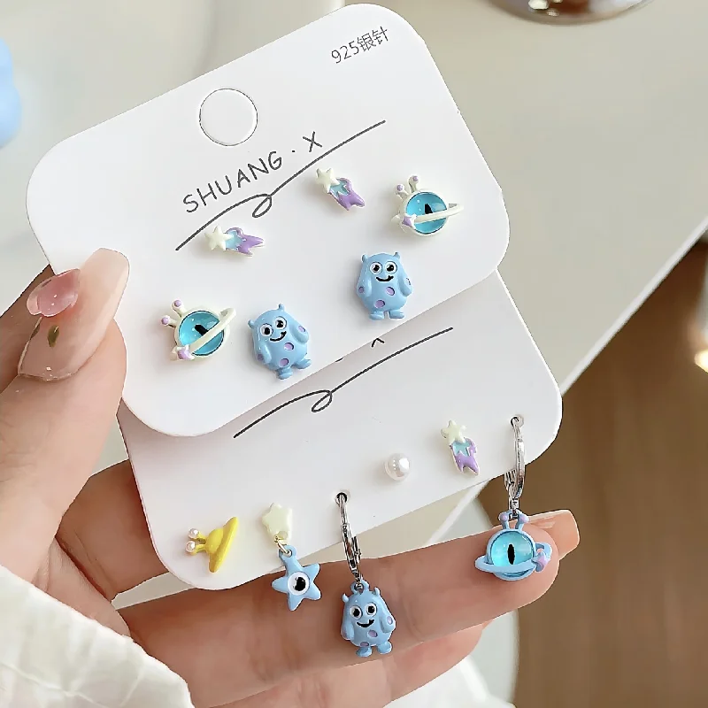 Wholesale Silver Needle Blue Little Monster Stud Earrings Set Cartoon Opal