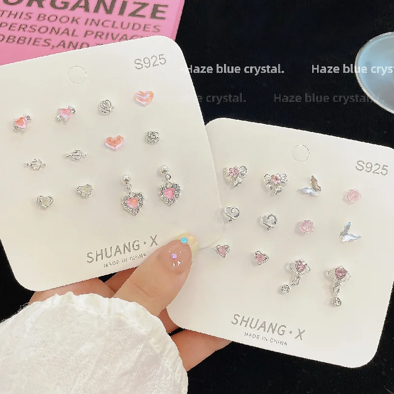 Wholesale Silver Needle Pink Diamond Heart Stud Earrings Set Planet Pendant