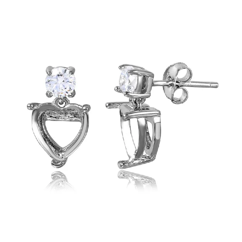 Silver 925 Rhodium Plated Personalized Mounting Heart with CZ Earrings - BGE00477