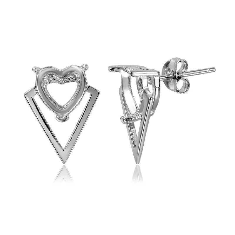 Silver 925 Rhodium Plated Personalized Triangle Shape Heart Mounting Earrings - BGE00479