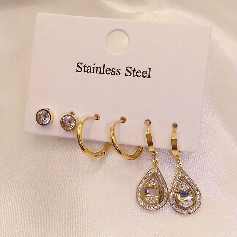 Wholesale Titanium Steel 6-piece Set with 3 Pairs of Water Drop Shaped Earrings Set