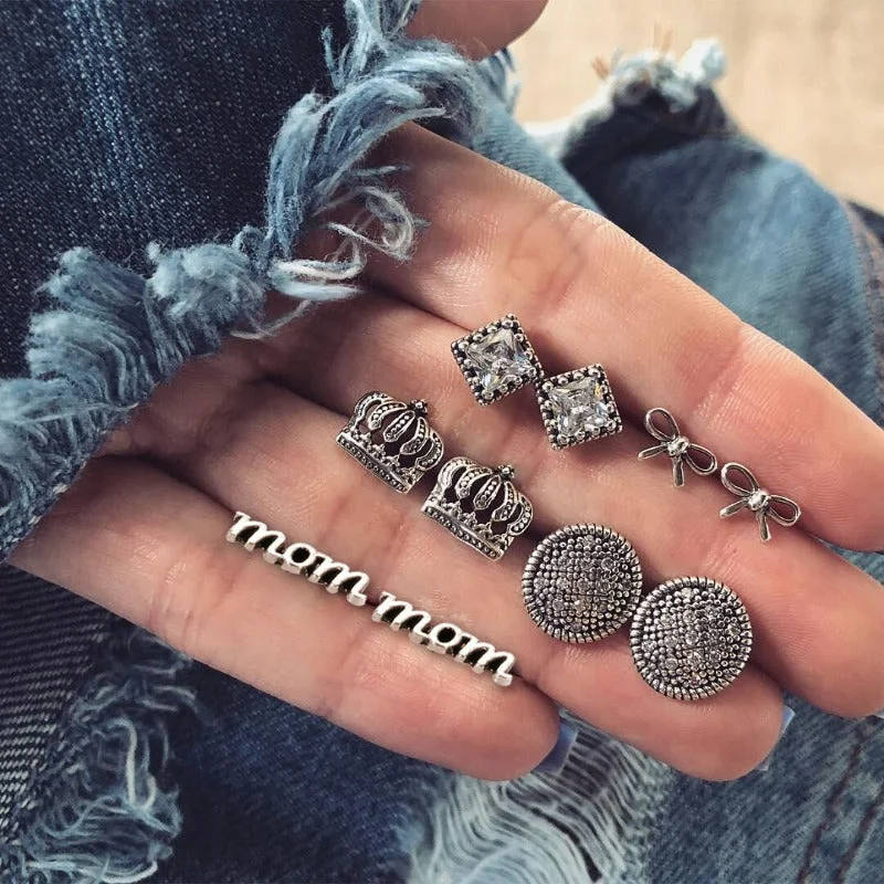 Wholesale Vintage Set with Diamonds Crown Letters MOM Stud Earrings Set of 5 Pairs