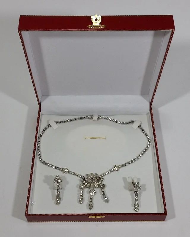 1930s Jay Flex Signed Rhinestone Necklace and Earrings Set with Box