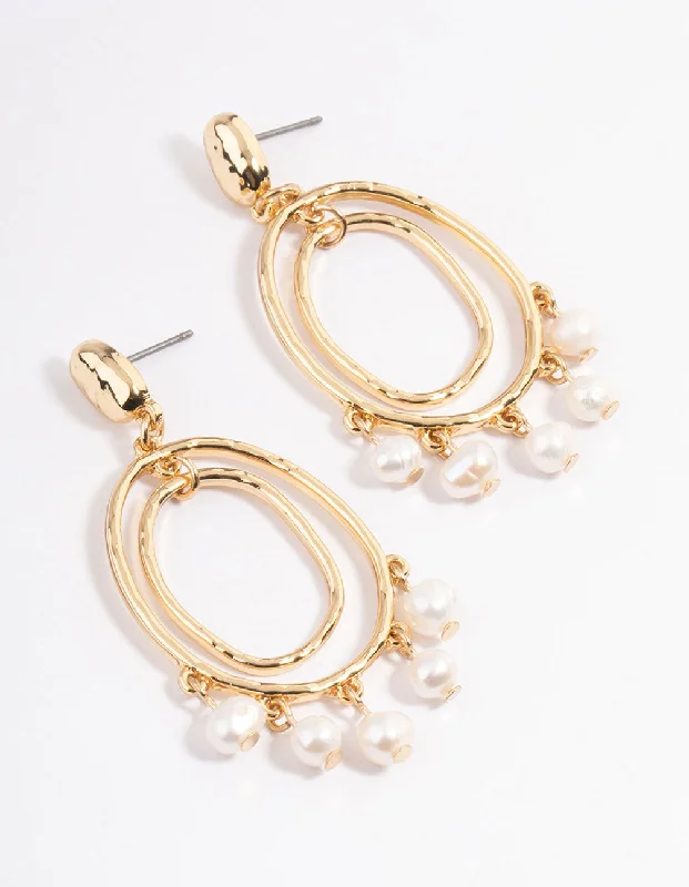 Gold Plated Oval Drop Layered Freshwater Pearl Earrings