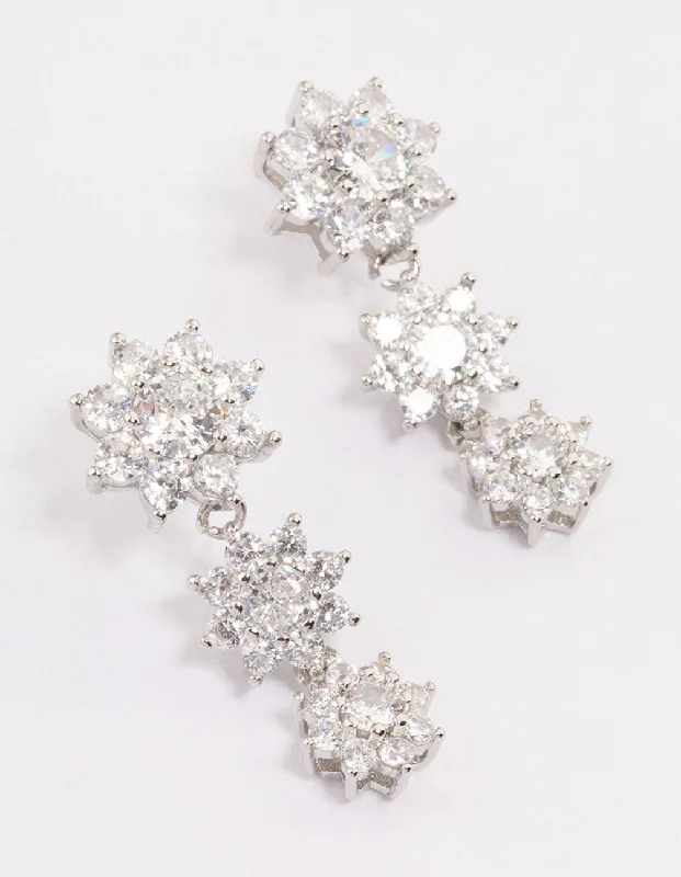 Silver Cubic Zirconia Drop Flower Earrings