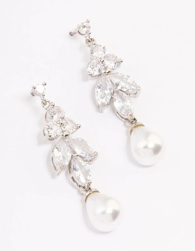 Rhodium Cubic Zirconia Pearl Drop Earrings