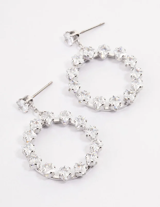 Rhodium Square Stone Wreath Drop Earrings